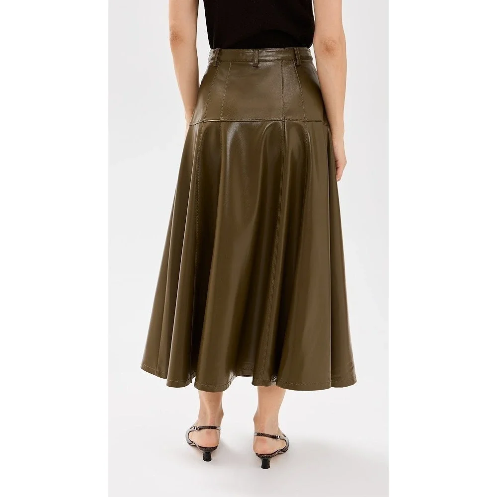 Cinq À Sept Veena Skirt a-line Midi Button Olive  Green Vegan Leather  6 Worn 1x
